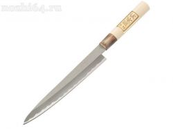 Производитель: Shimomura, Япония<br />
Тип ножа: Янагиба<br />
Тип стали: Shirogami Ni-Mai<br />
Тип заточки: Односторонняя<br />
Длина ножа (мм): 335<br />
Длина лезвия (мм): 210<br />
Длина рукояти (мм): 129<br />
Толщина лезвия (мм): 2.3<br />
Твёрдос